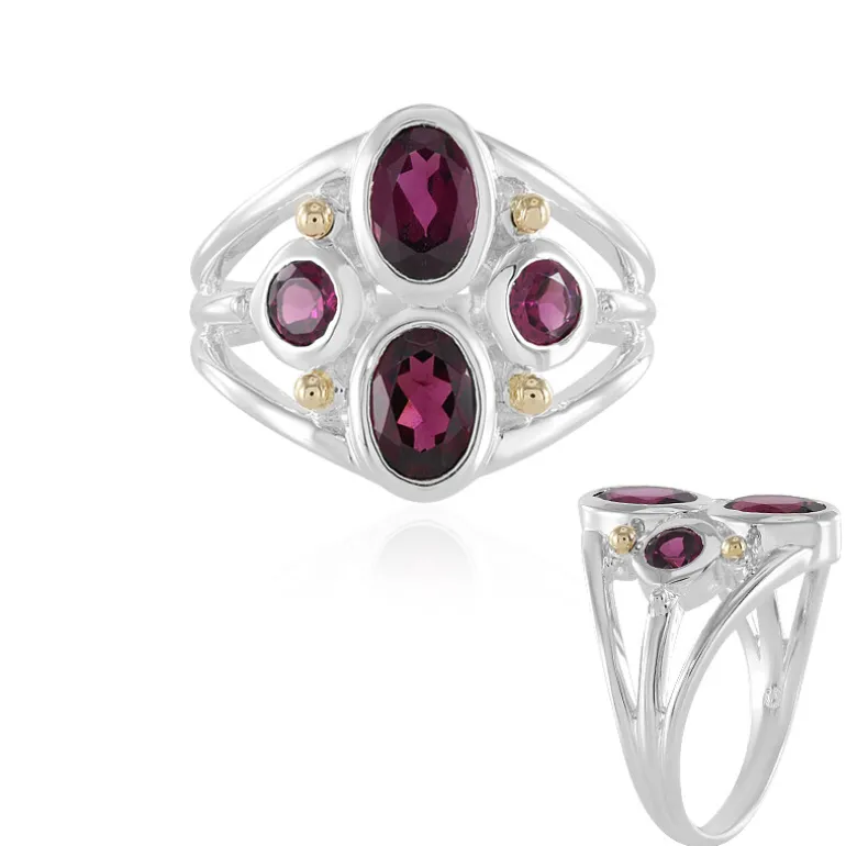 Rhodolith-Silberring mit Gold (Granulieren)