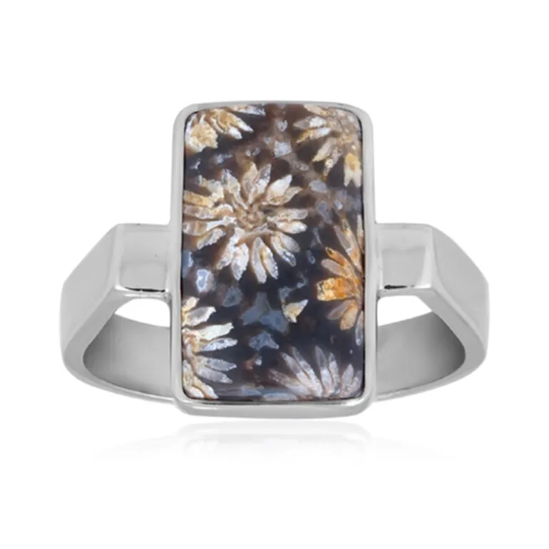 Versteinerte Koralle-Silberring (Bali Barong)